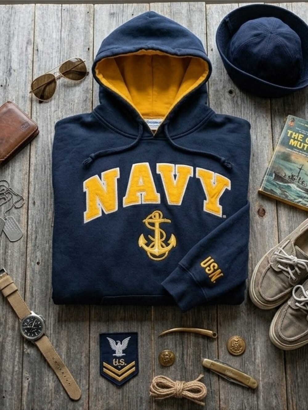 Armed Forces Gear US Navy Embroidered Pullover Hoodie - Navy/Yellow - Size L